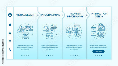 User experience design onboarding vector template. Responsive mobile website with icons. Web page walkthrough 4 step screens. Interaction, visual design color concept with linear illustrations