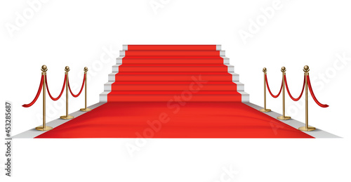 Red carpet golden barriers. Exclusive event. Red carpet with stairs red ropes and golden stanchions. Movie premiere  gala  ceremony  award concept
