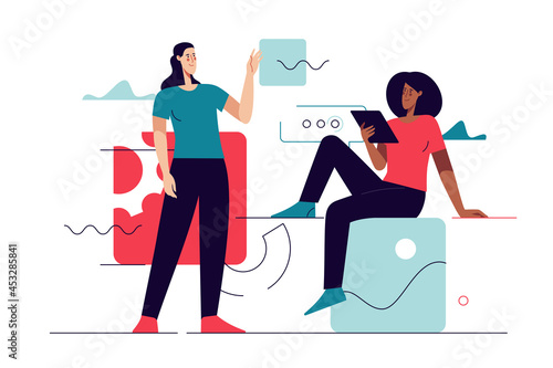 Business concept flat style outline vector illustration on the subject of web design, software development, communication. Editable stroke
