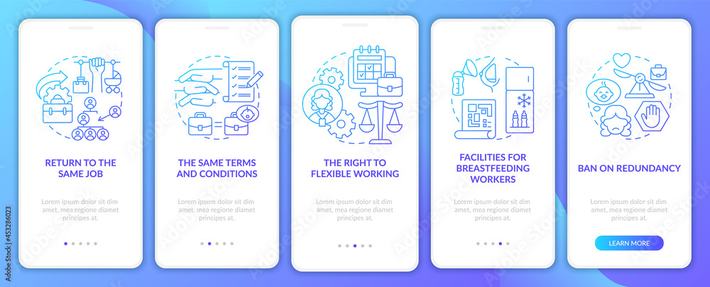 Return to work employee rights blue gradient onboarding mobile app page screen. Walkthrough 5 steps graphic instructions with concepts. UI, UX, GUI vector template with linear color illustrations
