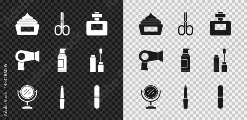 Set Cream or lotion cosmetic tube, Scissors, Perfume, Round makeup mirror, Nail file, Hair dryer and Spray can for hairspray icon. Vector