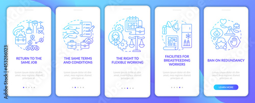 Return to work employee rights blue gradient onboarding mobile app page screen. Walkthrough 5 steps graphic instructions with concepts. UI, UX, GUI vector template with linear color illustrations