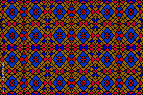 Tribal ethnic retro fashion fabric pattern black line mesh with blue red seamless stripes on brown background.