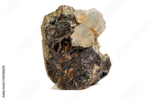 Macro of a mineral stone Sphalerite with fluorite and pyrite on a white background