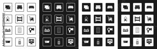 Set Sofa, Hotel room bed, Suitcase, Pillow, Hair dryer and Signboard with text icon. Vector