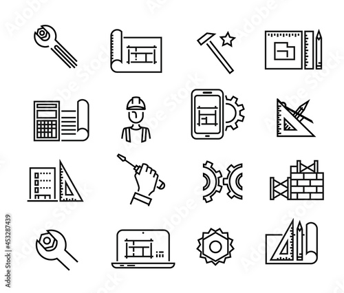 Black building icons in simple style. Building tools. Industry and building, construction icons design. Symbol for app design