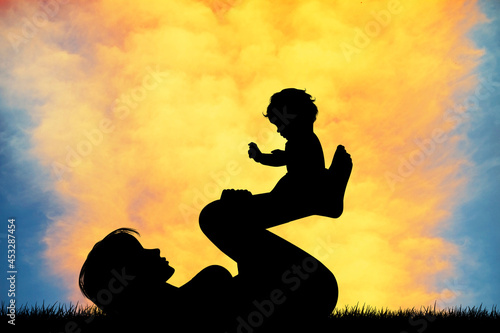 illustration of woman playing with baby