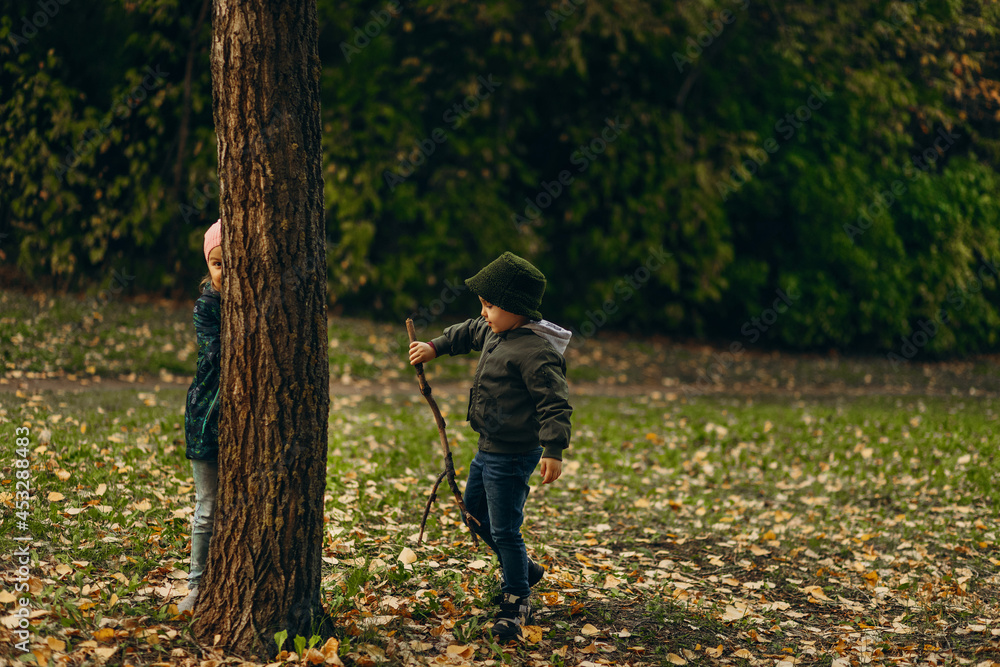 a boy and a girl play hide-and-seek in an autumn park a boy and a girl play hide-and-seek in an autumn park