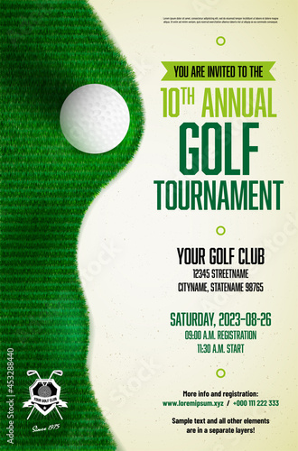 Golf tournament poster template with ball and grass photo