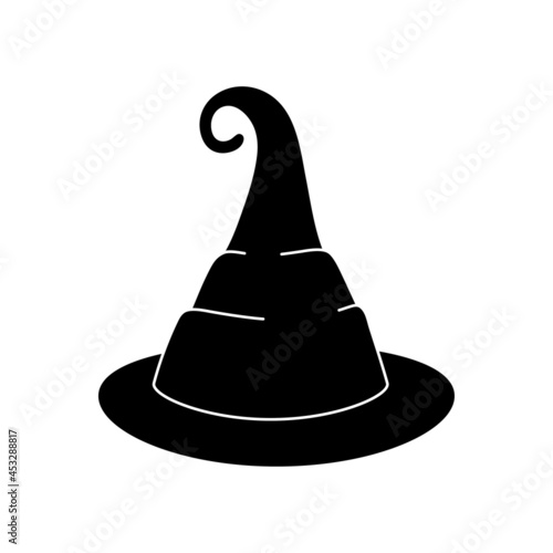 Witch hat vector illustration in simple style. Hand drawn wizard cap for holiday Halloween. Black icon isolated on white background. Scary silhouette magician hat. Accessory for party on Halloween