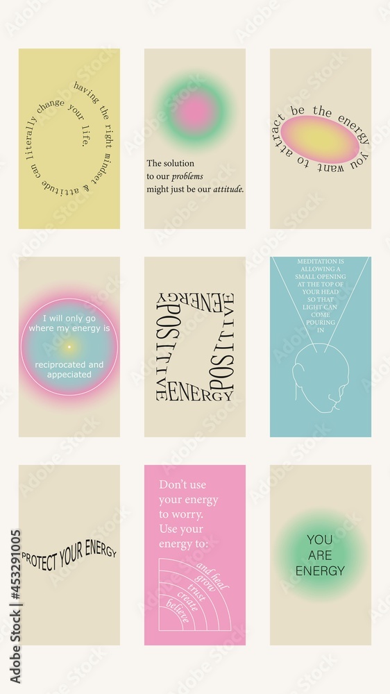 Set of positive social media quotes, motivation posters on trendy abstract background in neutral colors.