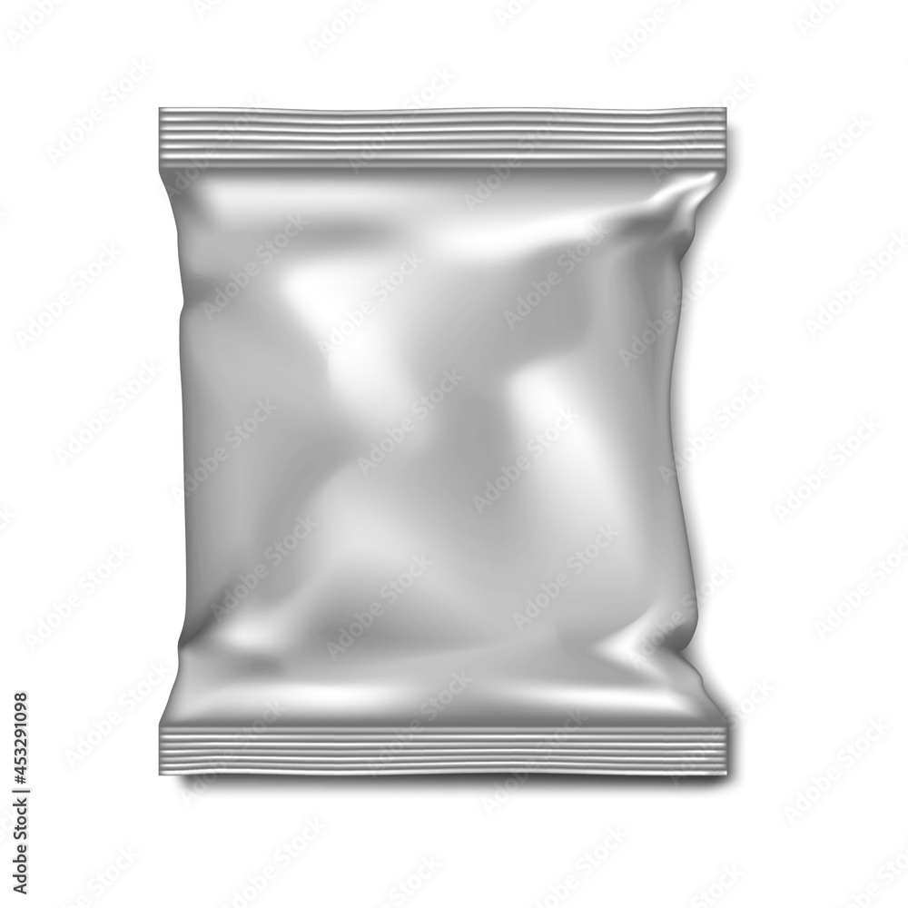 Blank white pillow bag - vector mock-up for design. Foil, paper or plastic pouch packaging - realistic mockup. Potato chips package - template