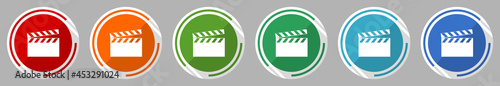 Video icon set, vector illustration in 6 colors options for webdesign and mobile applications, flat design symbol