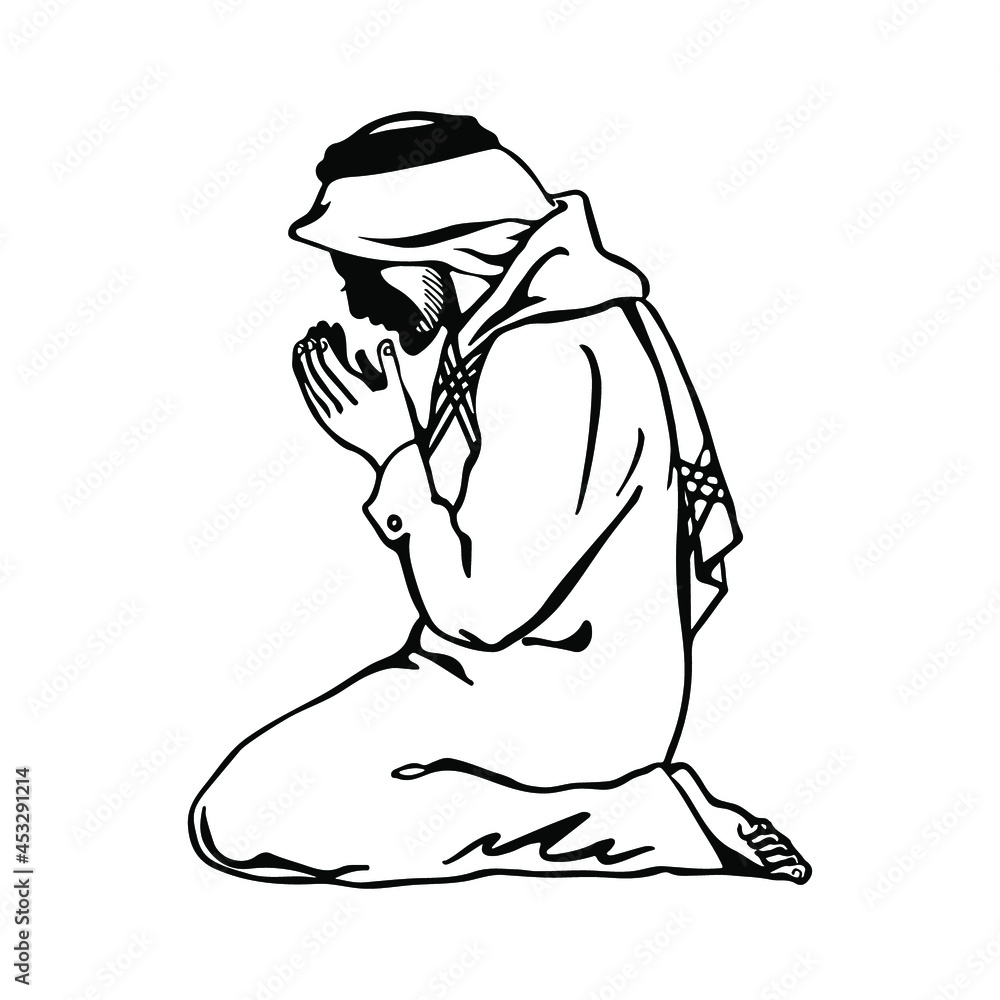 Muslim adult man praying namaz. Sketching vector religion illustration. Muslim adult man praying namaz. Sketching vector religion illustration.