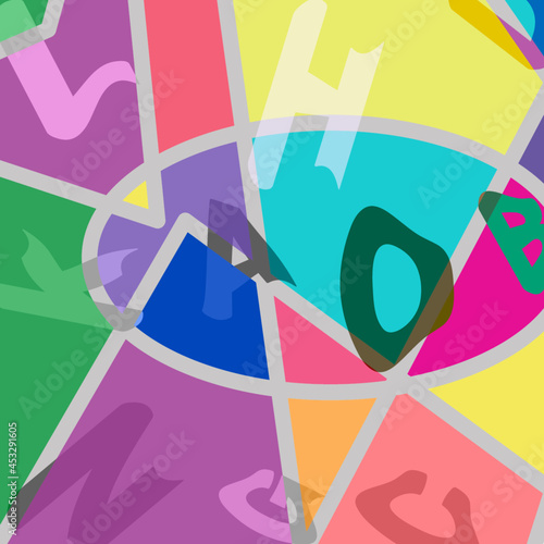 abstract vector seamless pattern. multicolored letters on a background of geometric shapes
