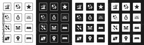 Set Starfish, Compass, Globe with flying plane, Ski and sticks, Signboard text Hotel, Location on the globe, room bed and Plane icon. Vector