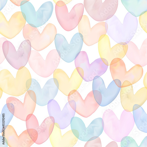 Vector Gradient Mesh Watercolor Drawing Multi Colors Overlapping Heart Shapes Seamless Pattern in Pastel Pink and Yellow.	
