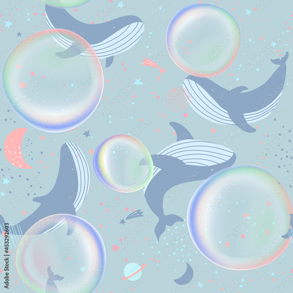 Vector Pastel Colors Bubbles and Whales in Outer Space Dream Seamless  Pattern for Kid and Baby Fabric or Wrapping Paper Printing. Stock Vector |  Adobe Stock