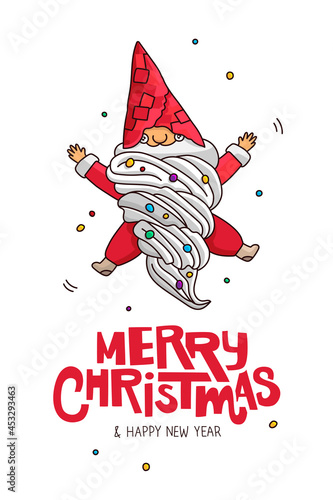 Vanilla ice cream in the shape of Santa Claus in a red waffle cone. The inscription Merry Christmas and Happy New Year.