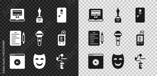 Set Video recorder on laptop, Movie trophy, Backstage, Online play video, Comedy theatrical mask, Gimbal stabilizer for camera, Scenario and Microphone icon. Vector