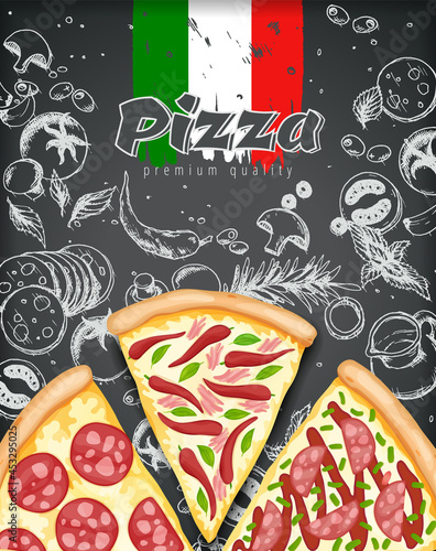 Color pizza poster. Savoury pizza ads with 3d illustration rich toppings dough on engraved style chalk doodle background.  banner for cafe, restaurant or food delivery service. Top view