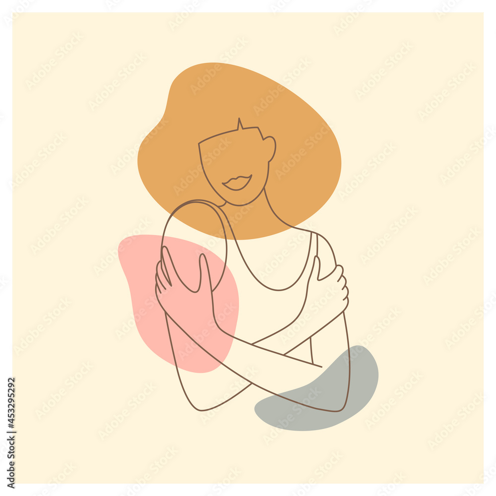 Femininity aesthetic abstract poster. Woman embracing shoulders. Female silhouette in trendy linear style. Portrait of lady in hat hugging self. Love, care yourself, body positive vector illustration Femininity aesthetic abstract poster. Woman embracing shoulders. Female silhouette in trendy linear style. Portrait of lady in hat hugging self. Love, care yourself, body positive vector illustration