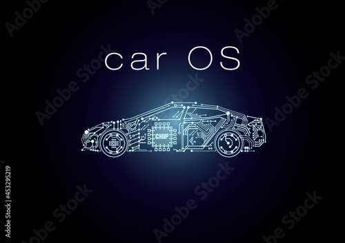 Illustration of a modern car with a new software operation system