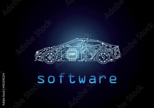 Illustration of a modern car with a new software operation system