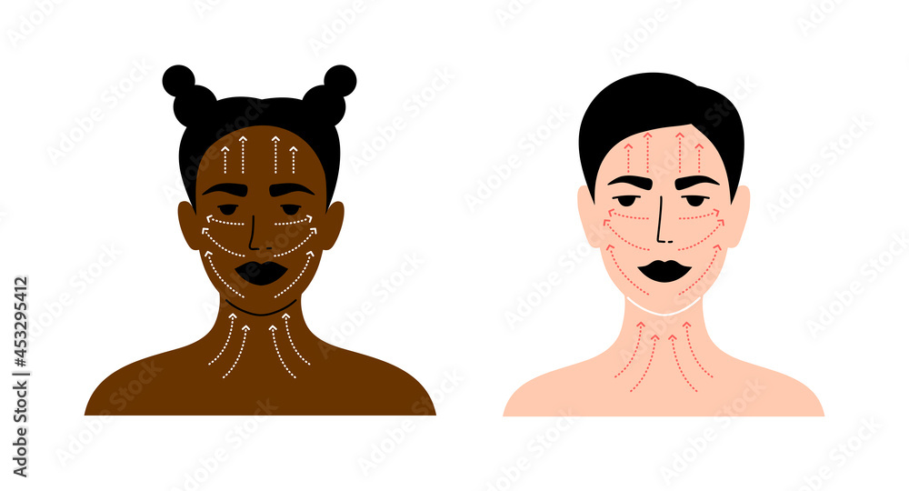 Diversity female portraits with massage lines. Skin care instruction, relaxing, facial lifting procedure illustration. Woman face with pointer arrows on forehead, cheeks, neck, under eyes. Vector icon Diversity female portraits with massage lines. Skin care instruction, relaxing, facial lifting procedure illustration. Woman face with pointer arrows on forehead, cheeks, neck, under eyes. Vector icon