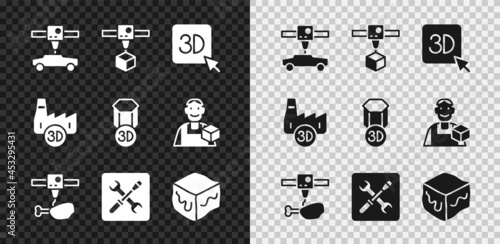 Set 3D printer car, cube, chicken leg, setting, Isometric, Printing house industry and icon. Vector