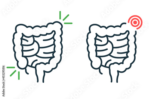 Healthy and Sick Bowel Line Icon. Health, Illness Large Intestine Pictogram. Diseased Colon Outline Icon. Diarrhea, Dysbiosis, Stomachache Concept. Editable Stroke. Isolated Vector Illustration photo