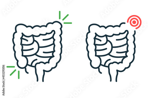 Healthy and Sick Bowel Line Icon. Health, Illness Large Intestine Pictogram. Diseased Colon Outline Icon. Diarrhea, Dysbiosis, Stomachache Concept. Editable Stroke. Isolated Vector Illustration