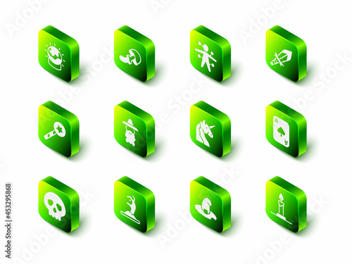 Set Psilocybin mushroom, Voodoo doll, Medieval sword, Playing cards, Burning candle candlestick, Unicorn, Witch hat and Zombie hand icon. Vector