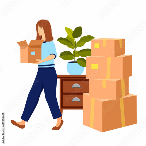 The girl carries an open cardboard box. A woman is packing household things. Cardboard packaging boxes stand on top of each other. Vector illustration in flat style, isolated on white background.