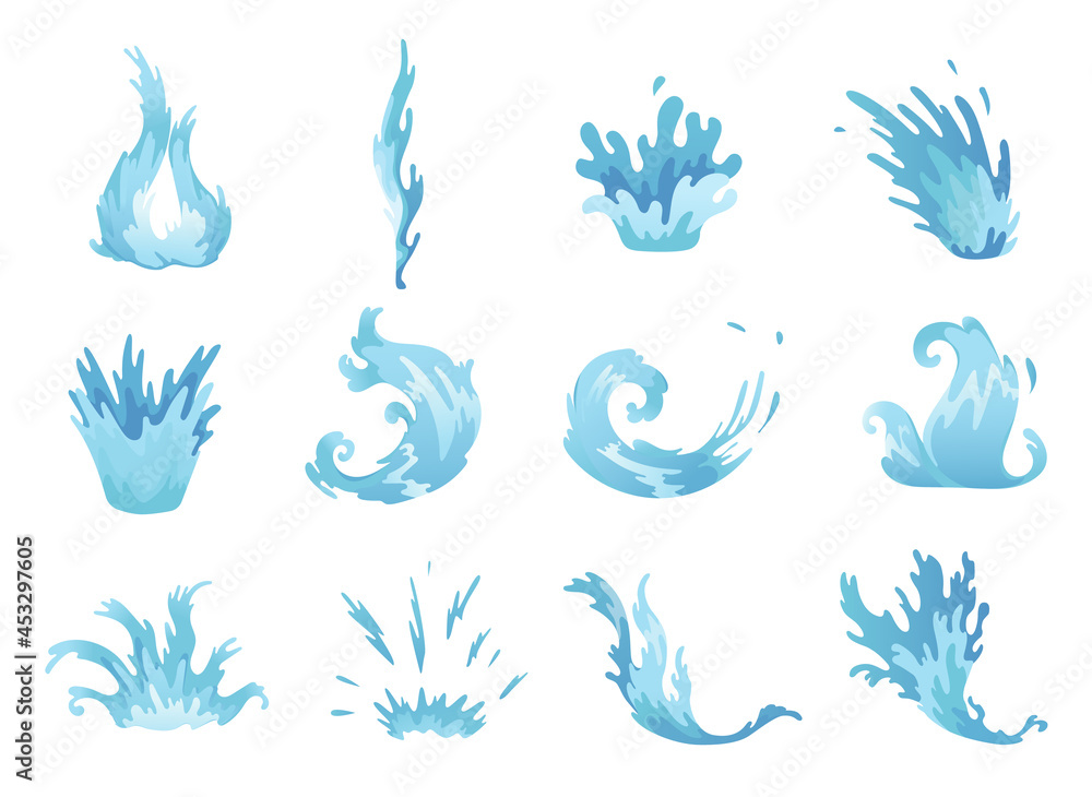 Fototapeta premium Water splash. Blue water waves set, wavy liquid symbols of nature in motion. Isolated design elements