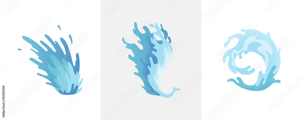 Water splash. Blue water waves set, wavy liquid symbols of nature in motion. Isolated design elements Water splash. Blue water waves set, wavy liquid symbols of nature in motion. Isolated design elements