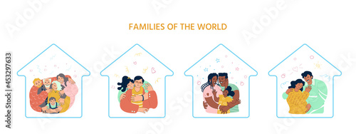 Four happy families hugging. Latin american, african american, european, caucasian, asian. Parenthood, pregnancy, couples, elderly and young people together. Doodle style vector illustration