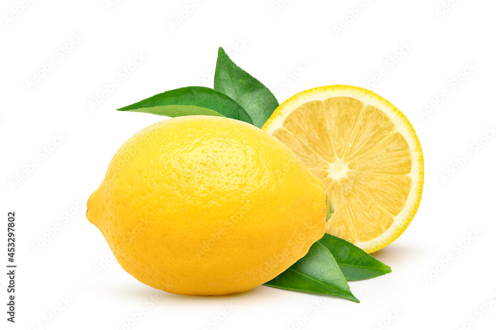 Natural Lemon fruit with cut in half and green leaf isolated on white background. Natural Lemon fruit with cut in half and green leaf isolated on white background.
