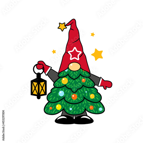.Christmas tree gnome with lantern. Vector isolated cartoon character. Christmas greeting card.