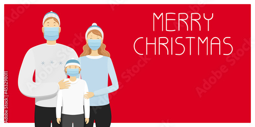 Merry Christmas card. Family in medical masks. Vector illustration.