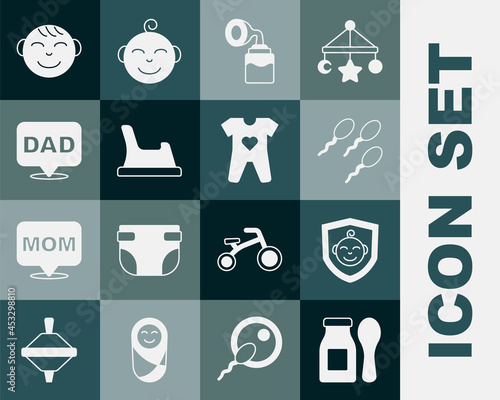 Set Yogurt in bottle with spoon, Baby shield, Sperm, Breast pump, potty, Speech bubble dad, Little boy head and clothes icon. Vector