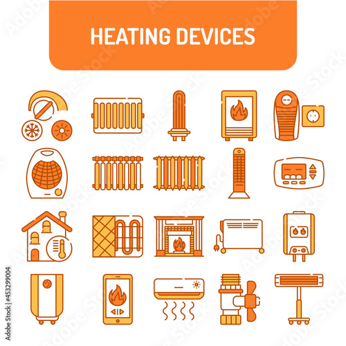 Heating devices color line icons set. Pictogram for web page