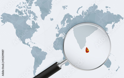 World map with a magnifying glass pointing at Sri Lanka. Map of Sri Lanka with the flag in the loop.