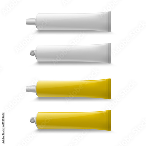 Blank Cosmetic Realistic Tube for Toothpaste or Cream Mockup. White Plastic Tube for Medicine or Cosmetics - Cream, Toothpaste. Realistic Packaging Mockup Template in Yellow and White Colors