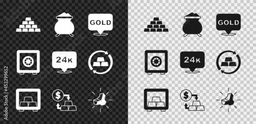 Set Gold bars, Molten gold being poured, Safe with, exchange money, nugget, and 24k icon. Vector