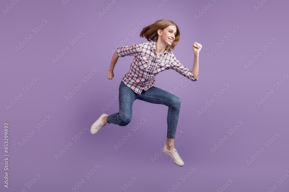 Full length side profile body size photo girl jump up go run hurry sale discount isolated violet color background