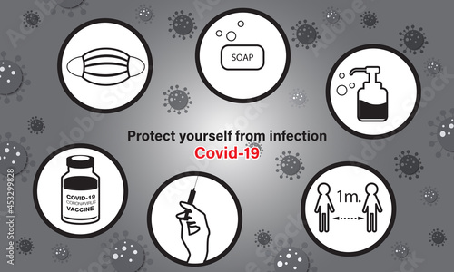 Medical care design Coronavirus vector background. Coronavirus prevention methods Covid-19 with vaccine bottle and syringe injection tool. Vector illustration. Virus protection concept.