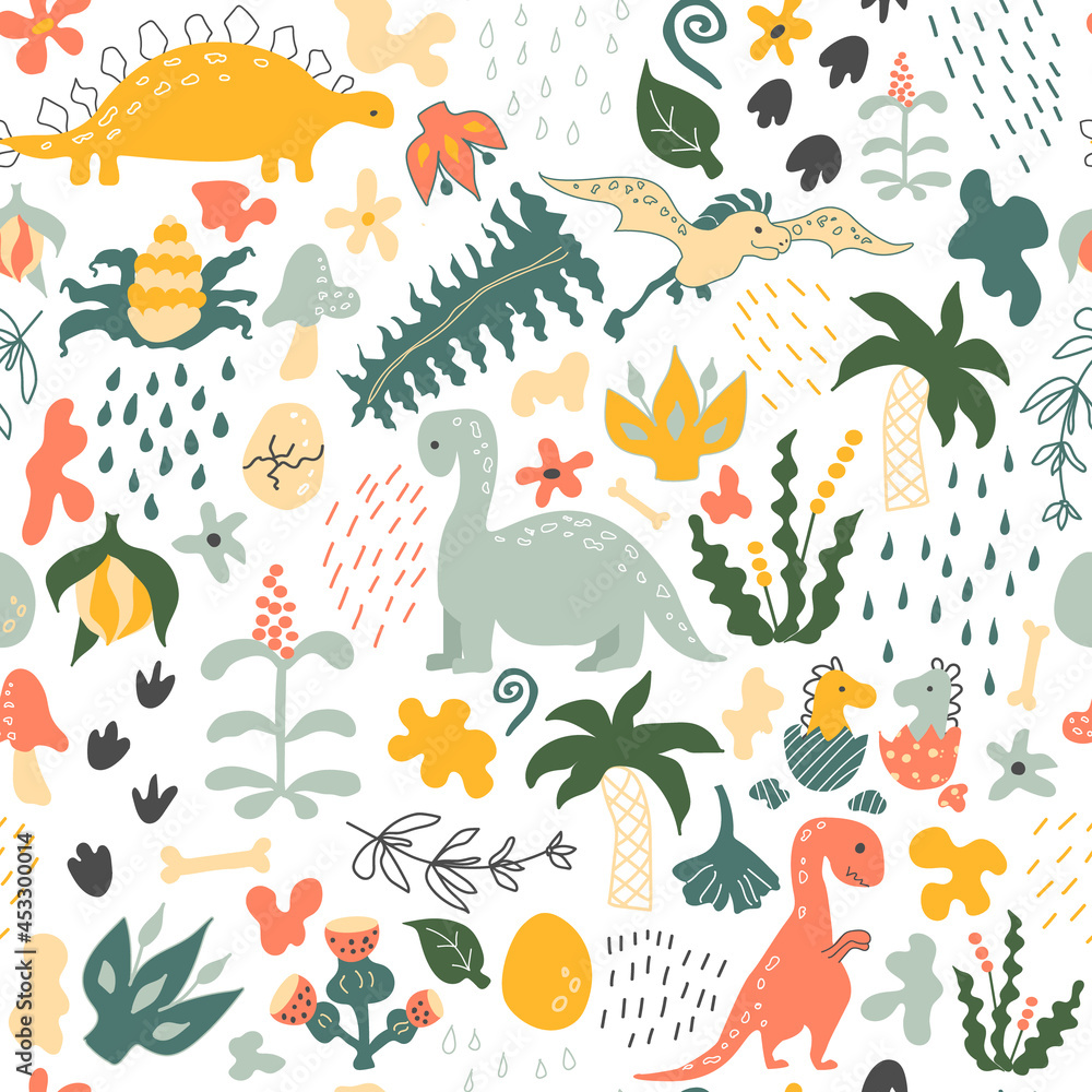 Obraz premium Dino pattern. Vector background. Seamless pattern with dinosaurs, prehistoric plants, spots, traces, raindrops and eggs. Baby print
