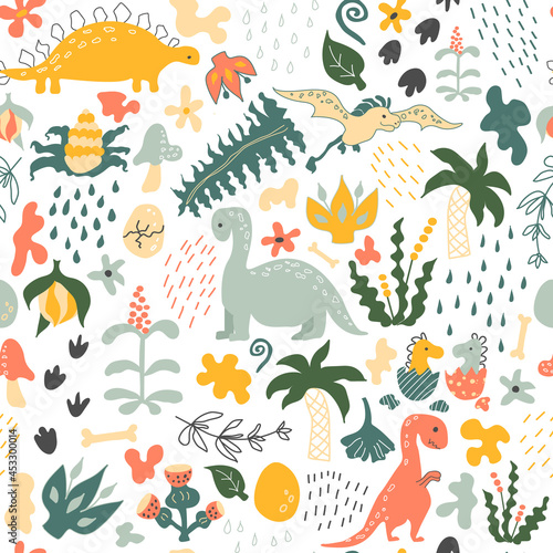 Dino pattern. Vector background. Seamless pattern with dinosaurs  prehistoric plants  spots  traces   raindrops and eggs. Baby print