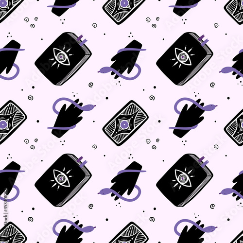 Spell books, tarot cards and hands with snakes vector seamless pattern background for magic, witchcraft, psychic reading design.
